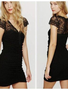 Free People Lace Envy Bodycon Dress Women’s XS Black Stretch Mini Club Festival